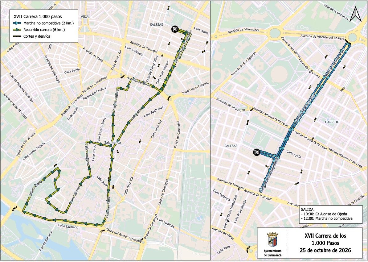 Mapa de Salamanca con recorridos de la XVII Carrera de los 1.000 Pasos y cortes señalados