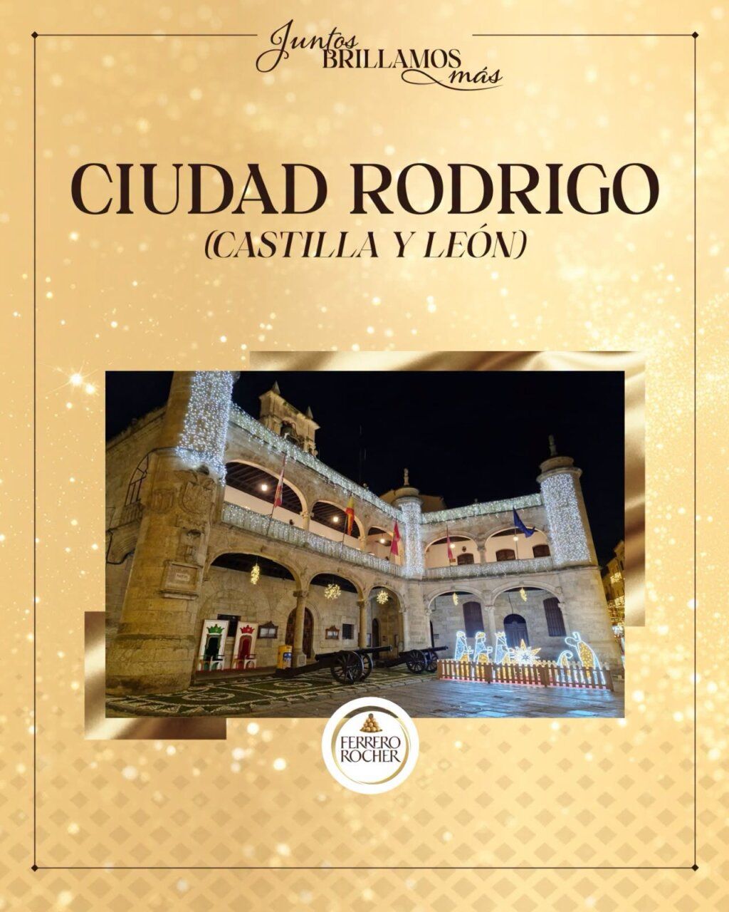 Cartel gráfico de Ciudad Rodrigo con una fotografía nocturna de fachada iluminada con luces navideñas