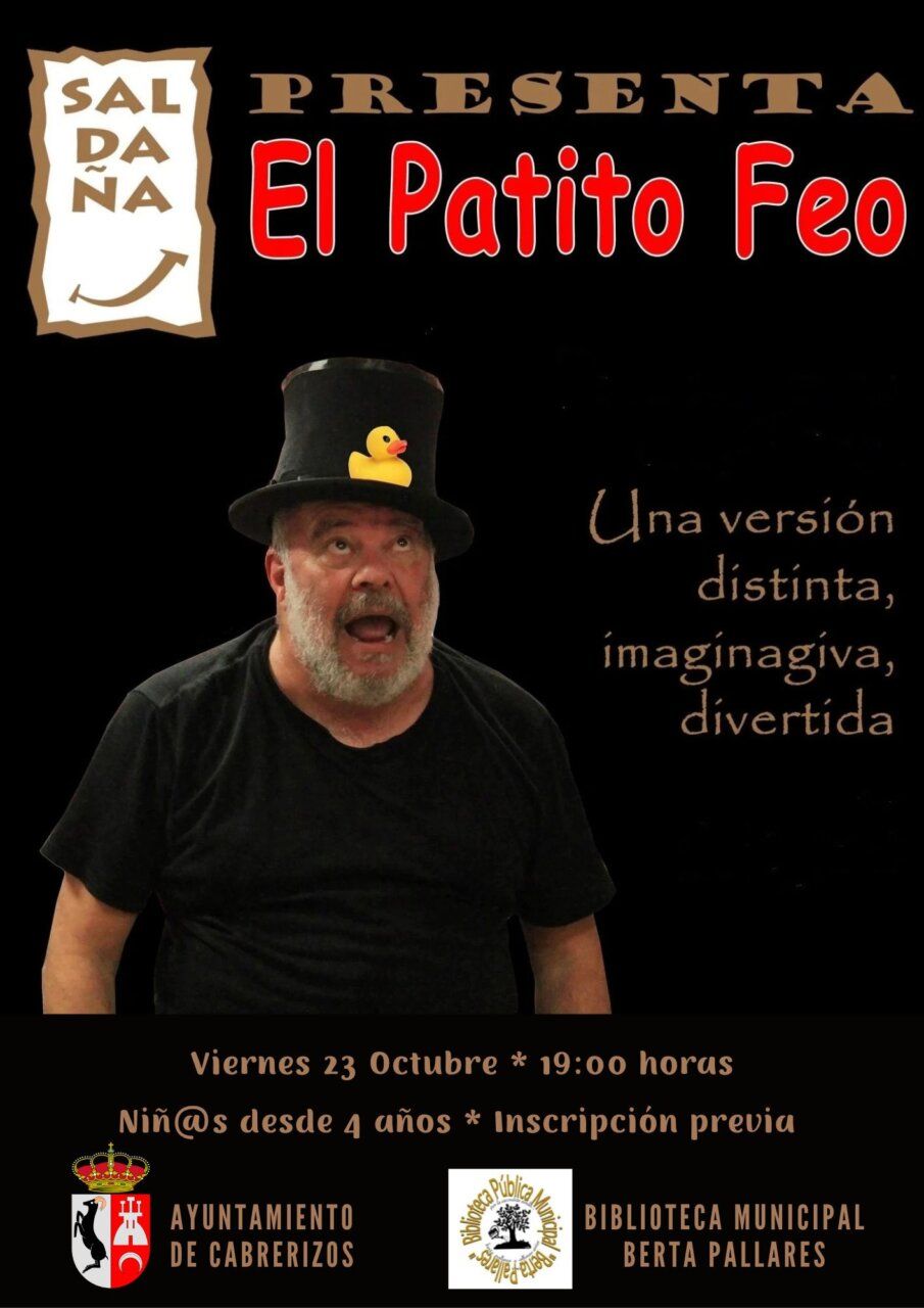 Cartel de El Patito Feo con un hombre y un patito de juguete sobre su sombrero