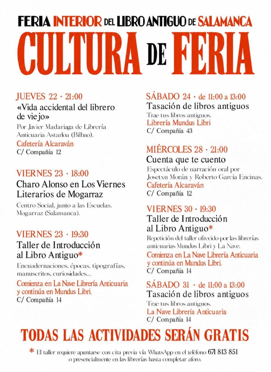 Cartel de Cultura de Feria anuncia actividades de libro antiguo en Salamanca