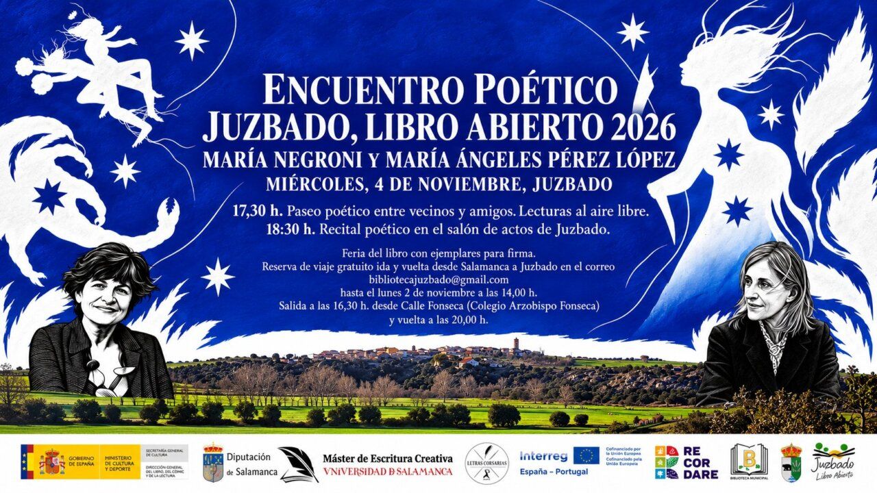 Cartel ilustrado del Encuentro Poético Juzbado 2026 con María Negroni y María Ángeles Pérez López.