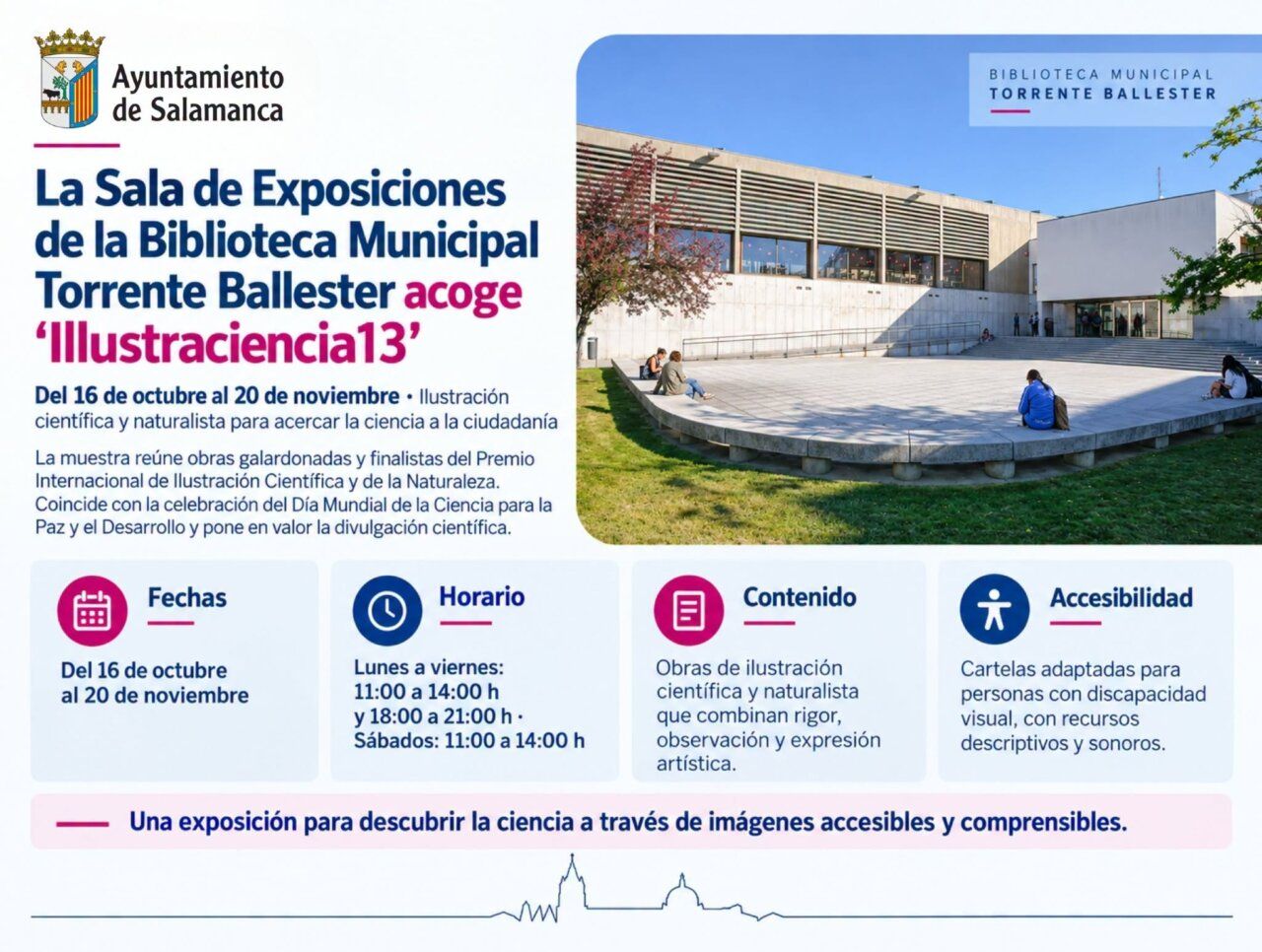 Cartel de Illustraciencia13 con una fotografía de la Biblioteca Torrente Ballester.