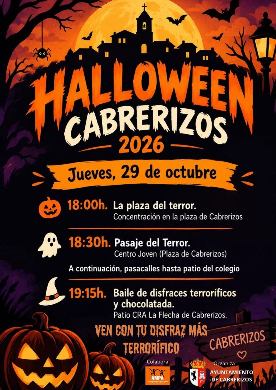 Cartel ilustrado de Halloween en Cabrerizos con fechas y actividades del 29 de octubre de 2026.