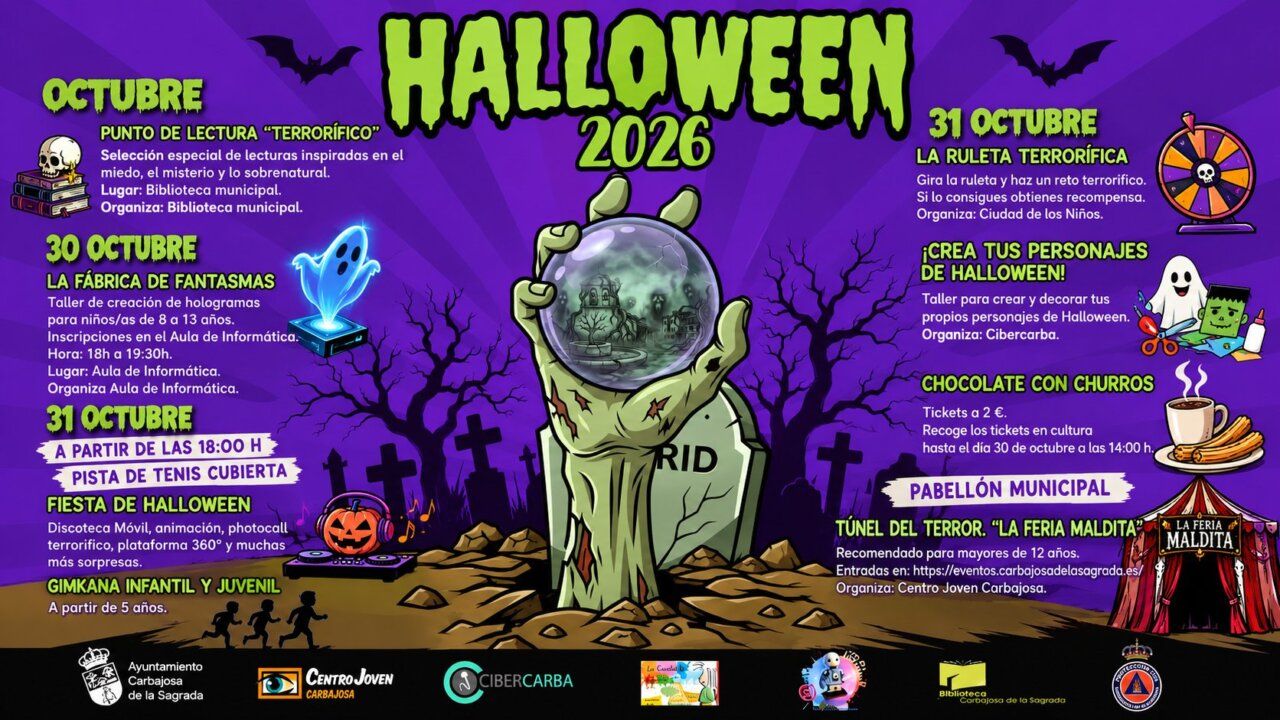 Cartel ilustrado de Halloween 2026 con actividades, personajes fantásticos y fondo morado.