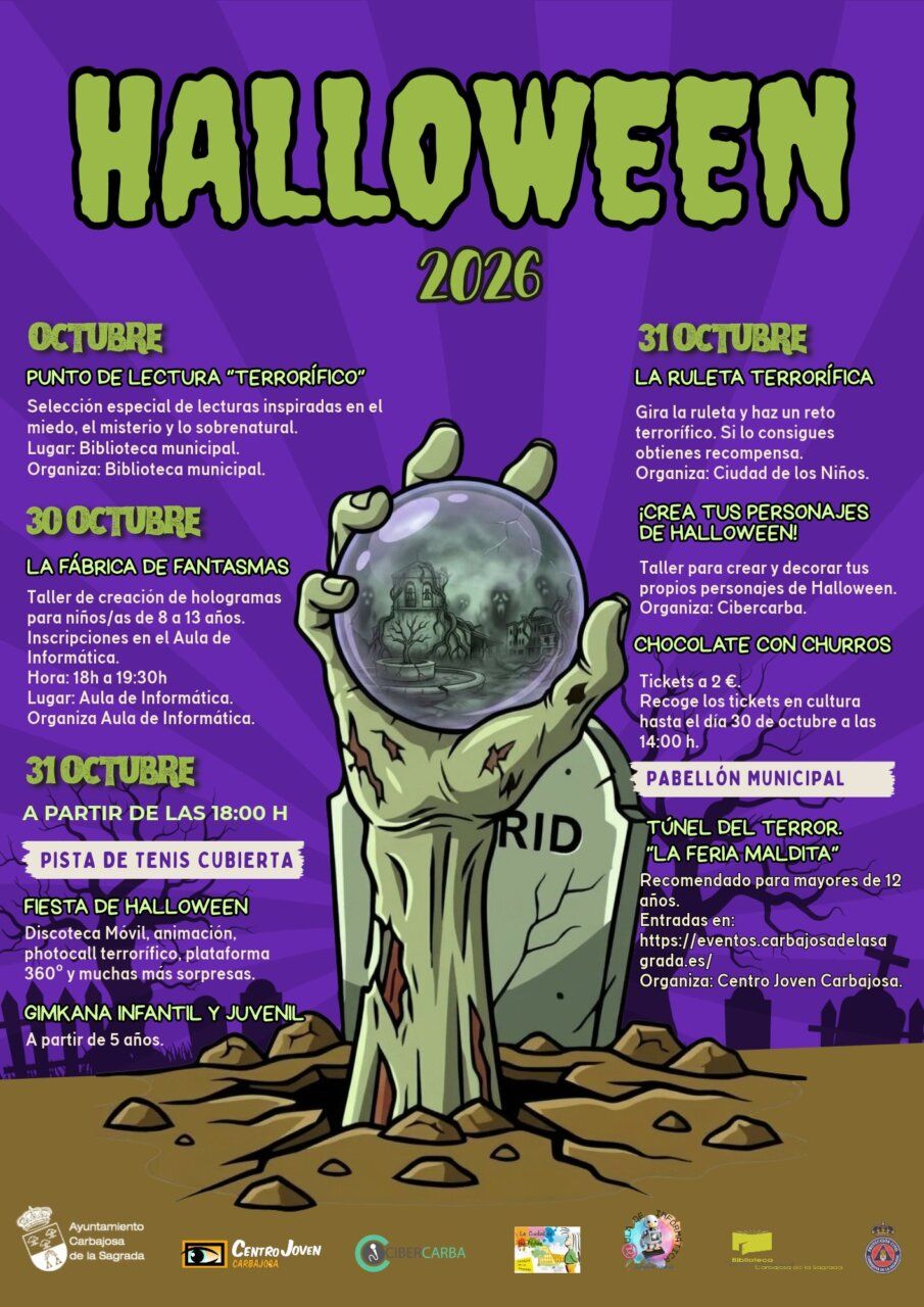 Cartel ilustrado de Halloween 2026 con programación de actividades en Carbajosa de la Sagrada
