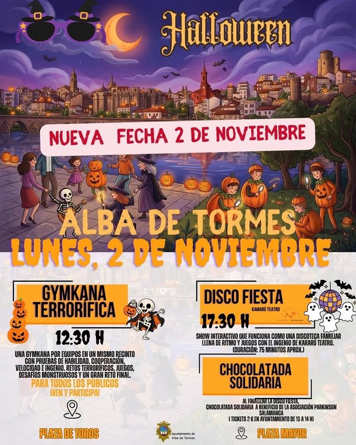 Cartel ilustrado de Halloween en Alba de Tormes con actividades y fecha del 2 de noviembre.