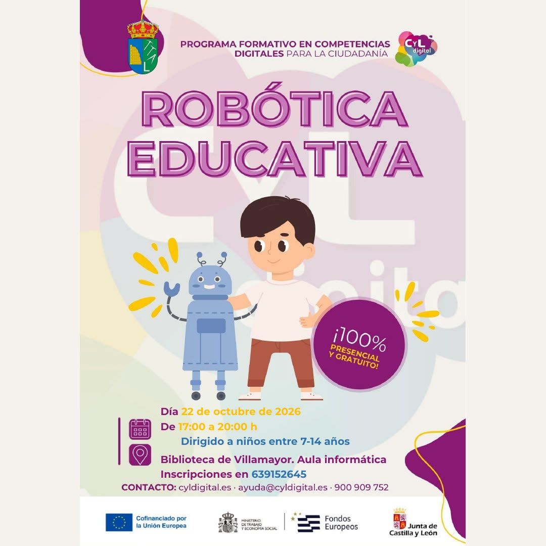 Cartel ilustrado de robótica educativa con un niño y un robot junto al texto del taller