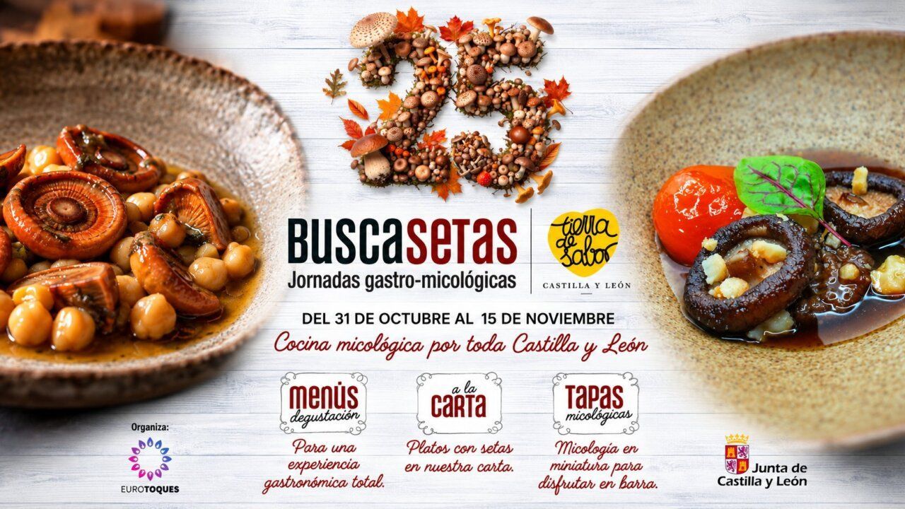 Cartel de Buscasetas con platos de setas y fechas de las jornadas gastronómicas