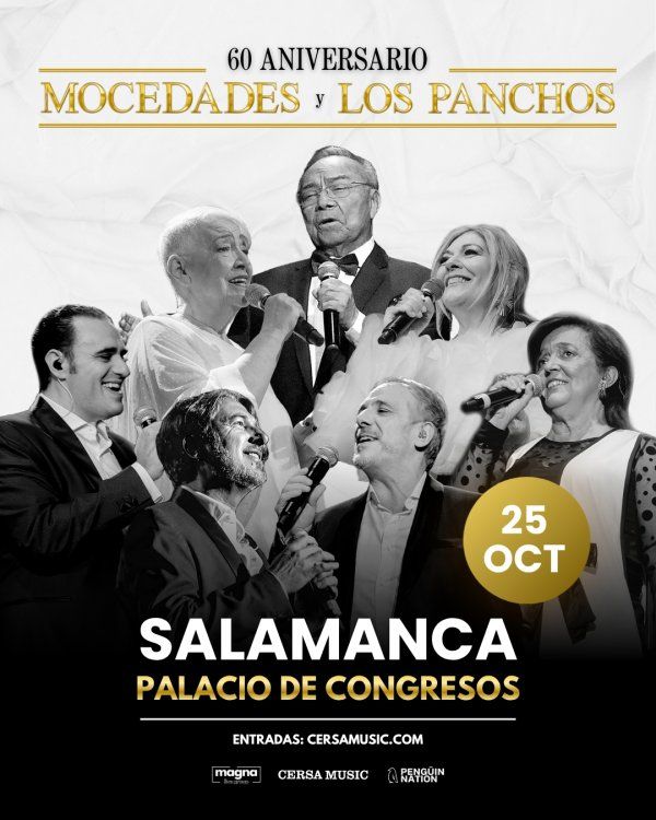 Cartel del 60 aniversario de Mocedades y Los Panchos con varios cantantes en blanco y negro