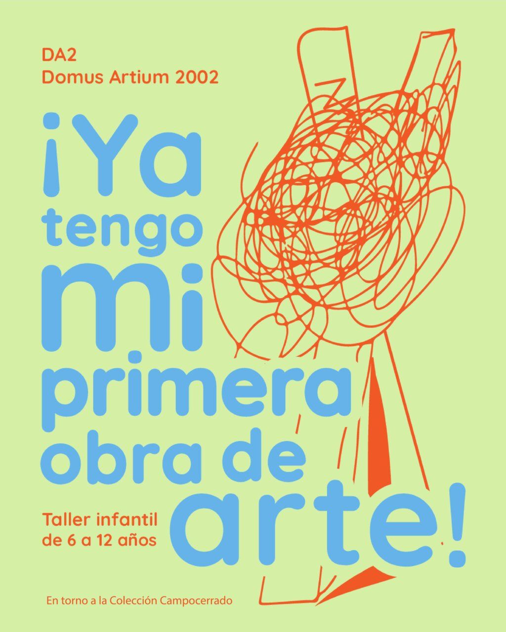 Cartel ilustrado de un taller infantil de arte con letras azules y trazos rojos
