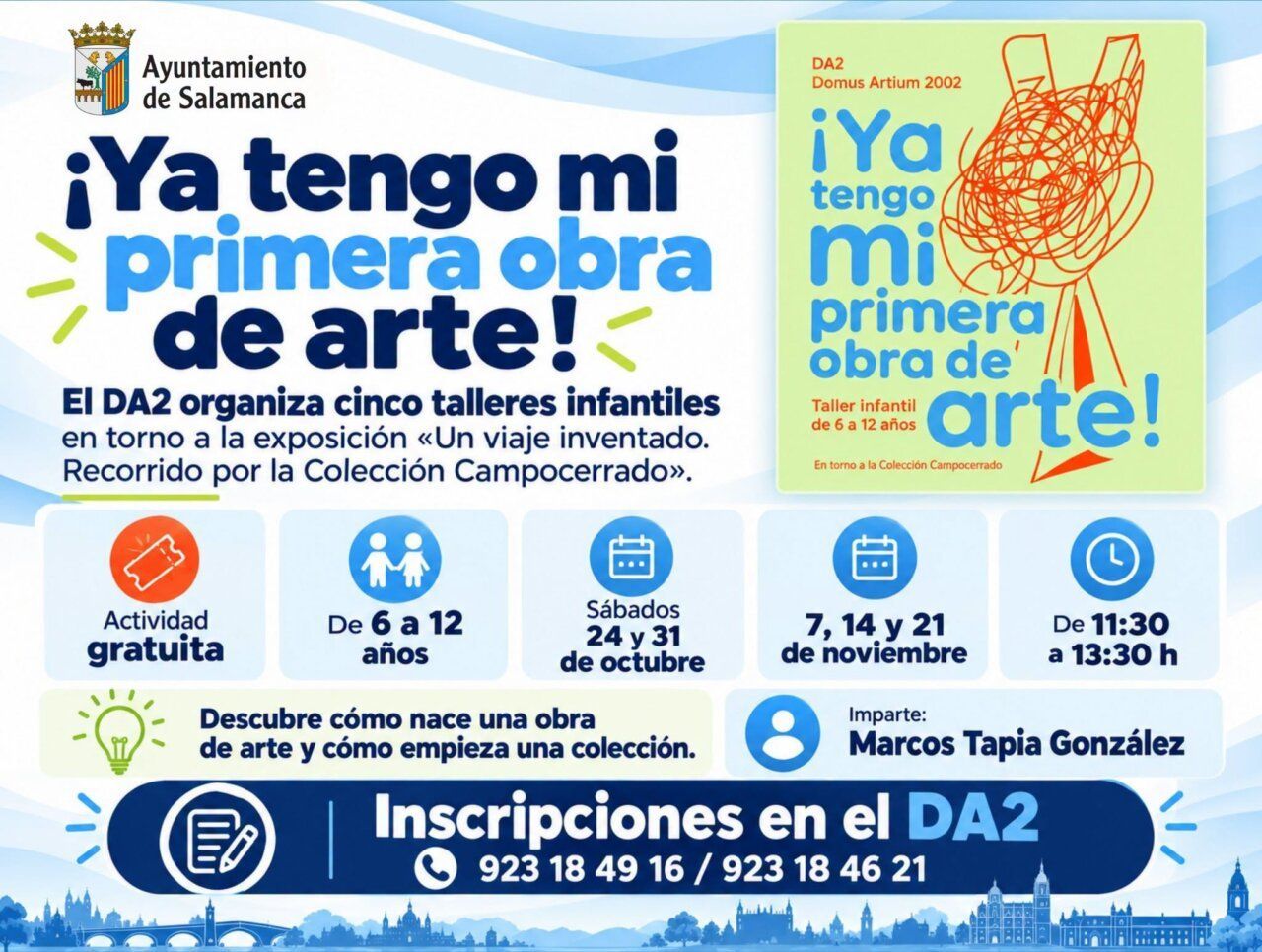 Cartel del DA2 anuncia cinco talleres infantiles gratuitos para crear obras artísticas.