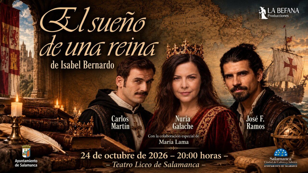 Cartel de El sueño de una reina con tres intérpretes en vestuario histórico.