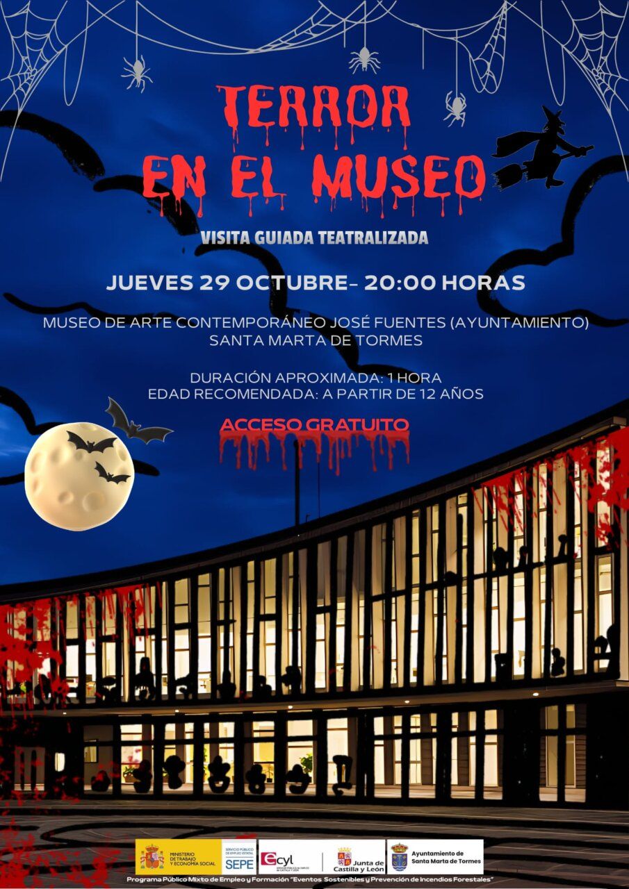 Cartel ilustrado de Terror en el Museo con edificio, telarañas, murciélagos y datos de la visita