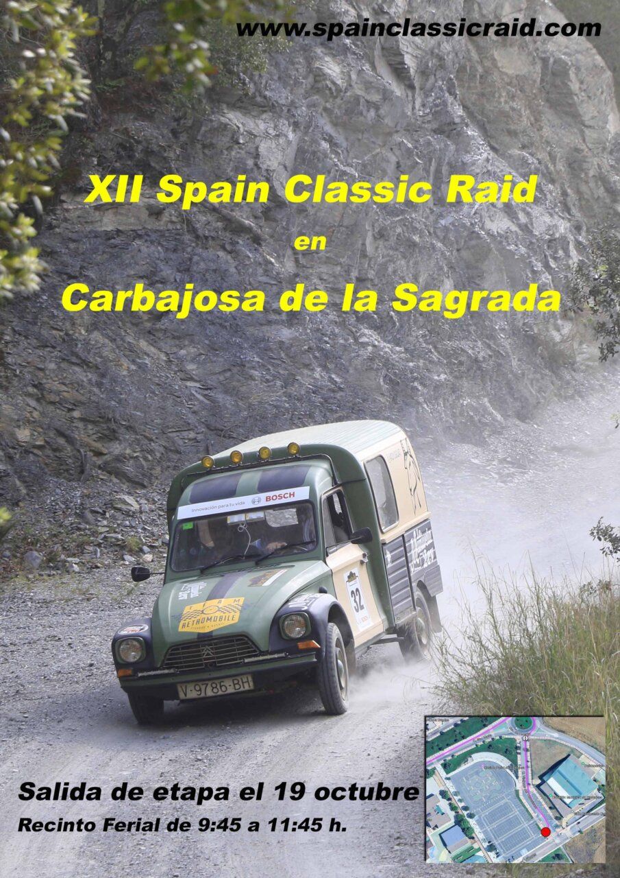 Cartel del XII Spain Classic Raid con un vehículo clásico verde en una pista de grava.