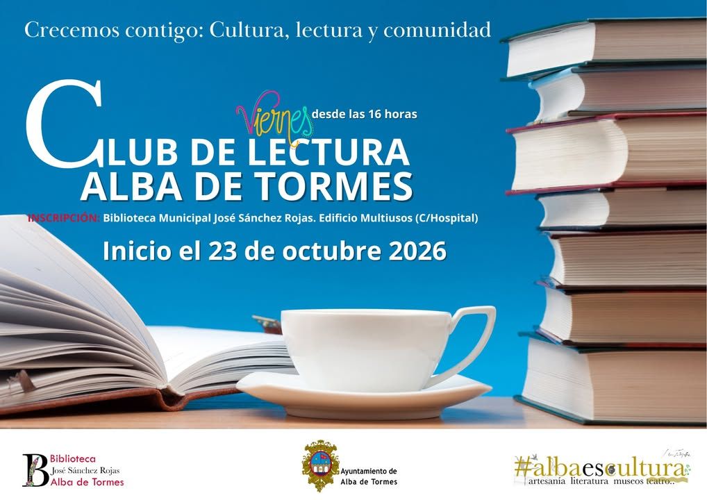 Cartel del club de lectura en la biblioteca de Alba de Tormes con libros y una taza
