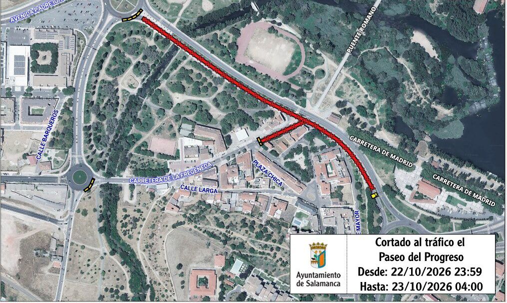 Mapa aéreo señalizado con tramos cortados al tráfico en el paseo del Progreso