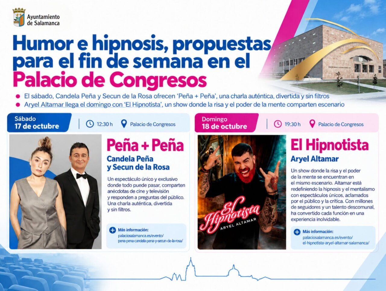 Cartel de eventos de humor e hipnosis en el Palacio de Congresos de Salamanca