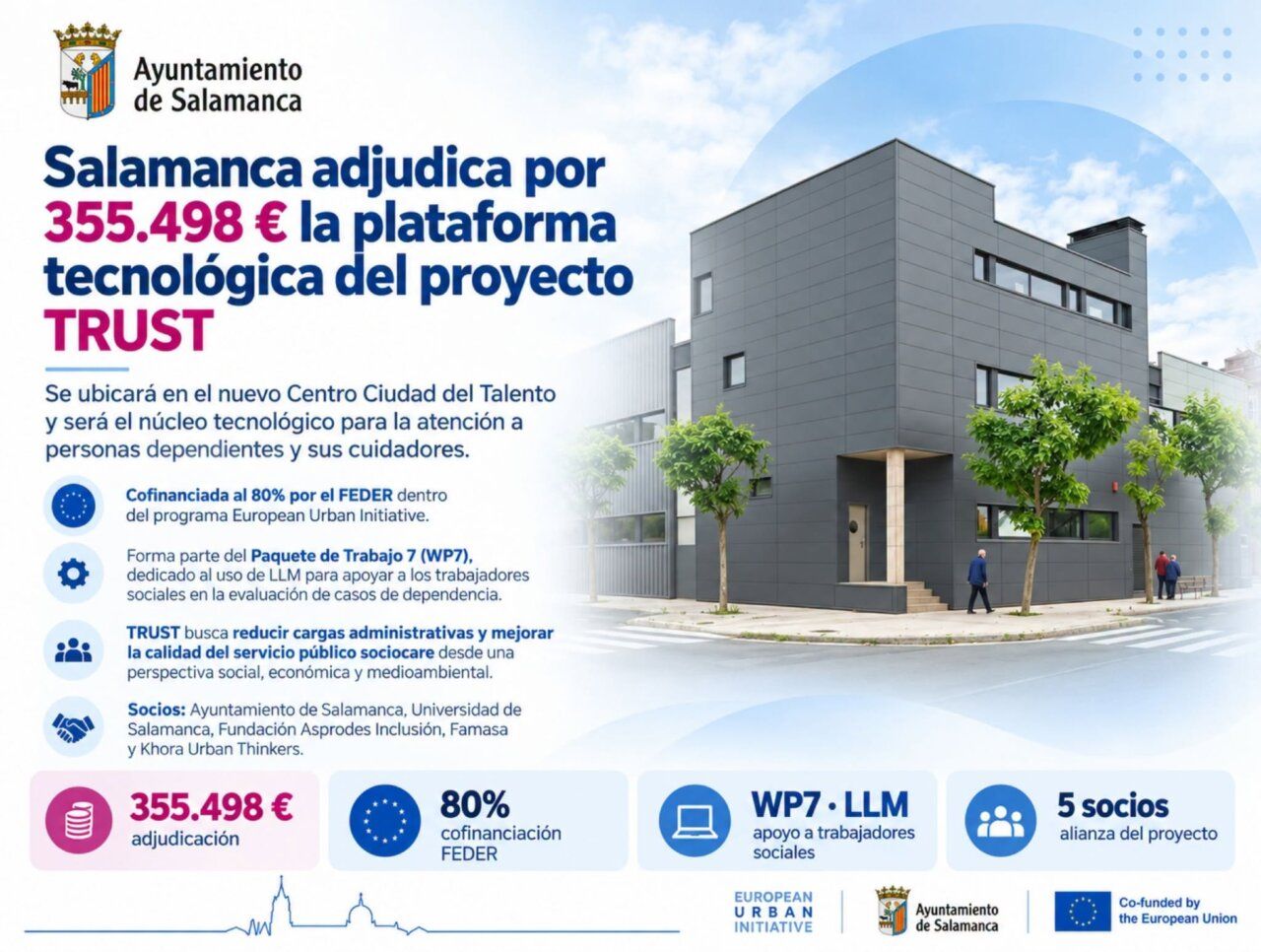 Infografía municipal sobre la plataforma TRUST junto a la imagen de un edificio moderno.
