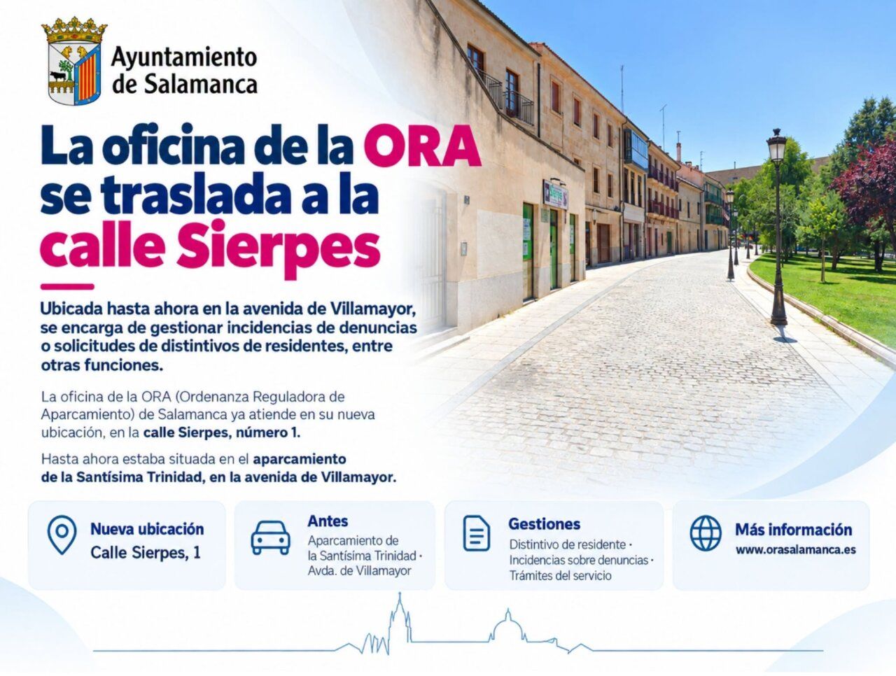 Infografía sobre el traslado de la oficina ORA, con una calle adoquinada y edificios