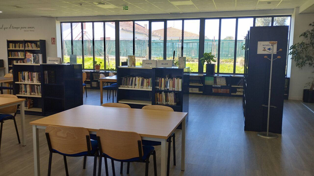 Sala de biblioteca con estanterías de libros, mesas y sillas junto a grandes ventanas.