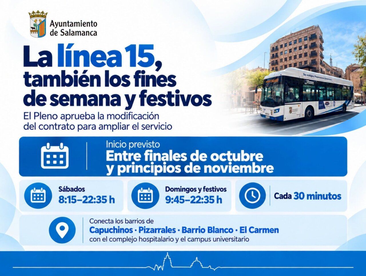 Información sobre la línea 15 de autobús en Salamanca para fines de semana y festivos.
