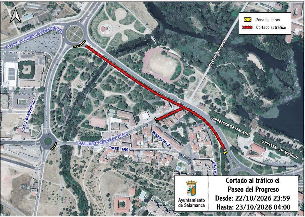 Mapa aéreo con el tramo del paseo del Progreso marcado como cortado al tráfico.