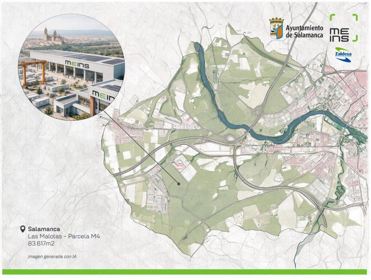 Ilustración con mapa de Salamanca, parcela M4 y representación de instalaciones con la marca MEINS