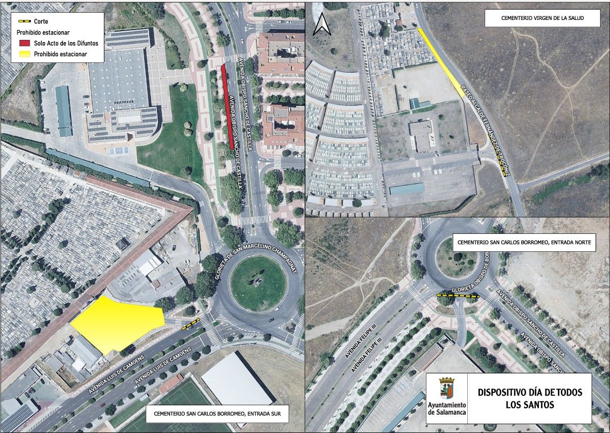 Mapa aéreo señalizado de los cementerios de Salamanca y restricciones de circulación por Todos los Santos.