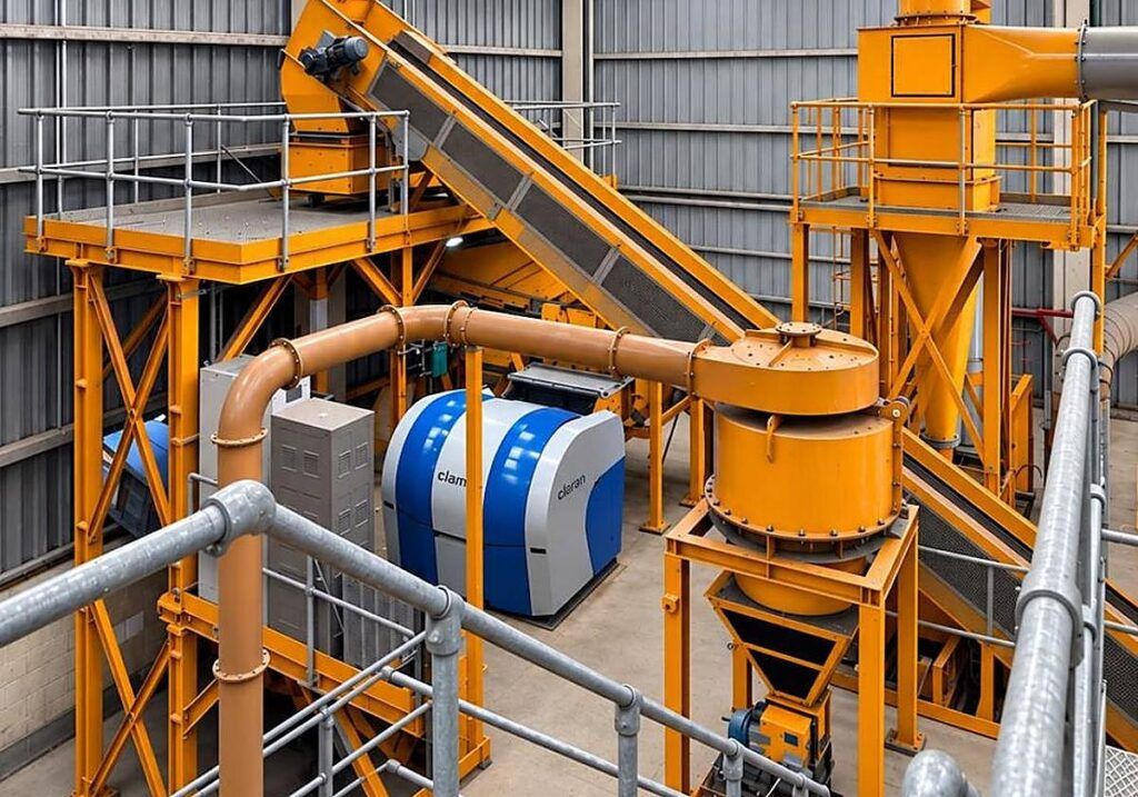 Maquinaria naranja y cintas transportadoras dentro de una nave industrial