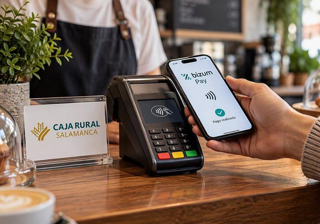 Móvil con Bizum Pay junto a un terminal de pago y un rótulo de Caja Rural.