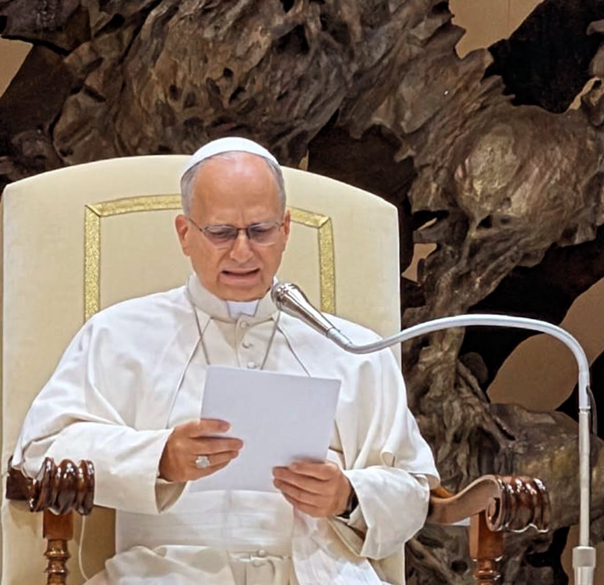 El papa, vestido de blanco, lee un documento sentado ante un micrófono.