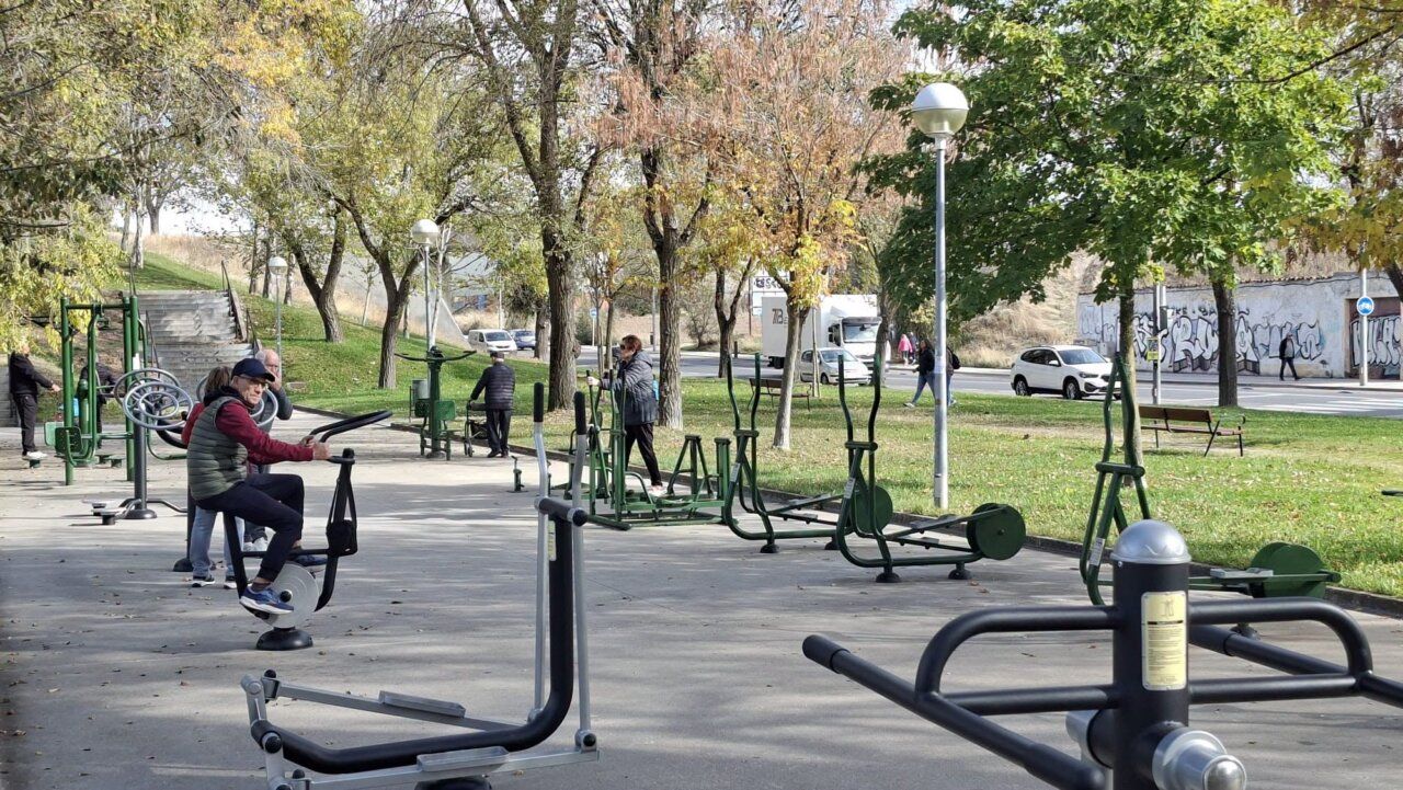 Personas utilizan aparatos de ejercicio al aire libre en un parque arbolado.