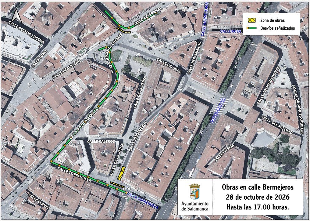 Plano aéreo con zona de obras y desvíos señalizados en la calle Bermejeros