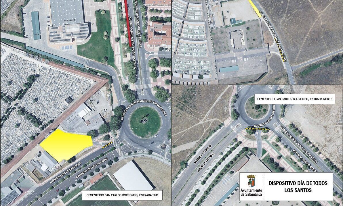 Plano aéreo con cortes de tráfico y restricciones de estacionamiento en tres accesos a cementerios.