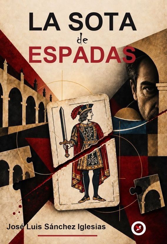 Portada ilustrada de La sota de espadas, con una carta medieval y un rostro parcial.