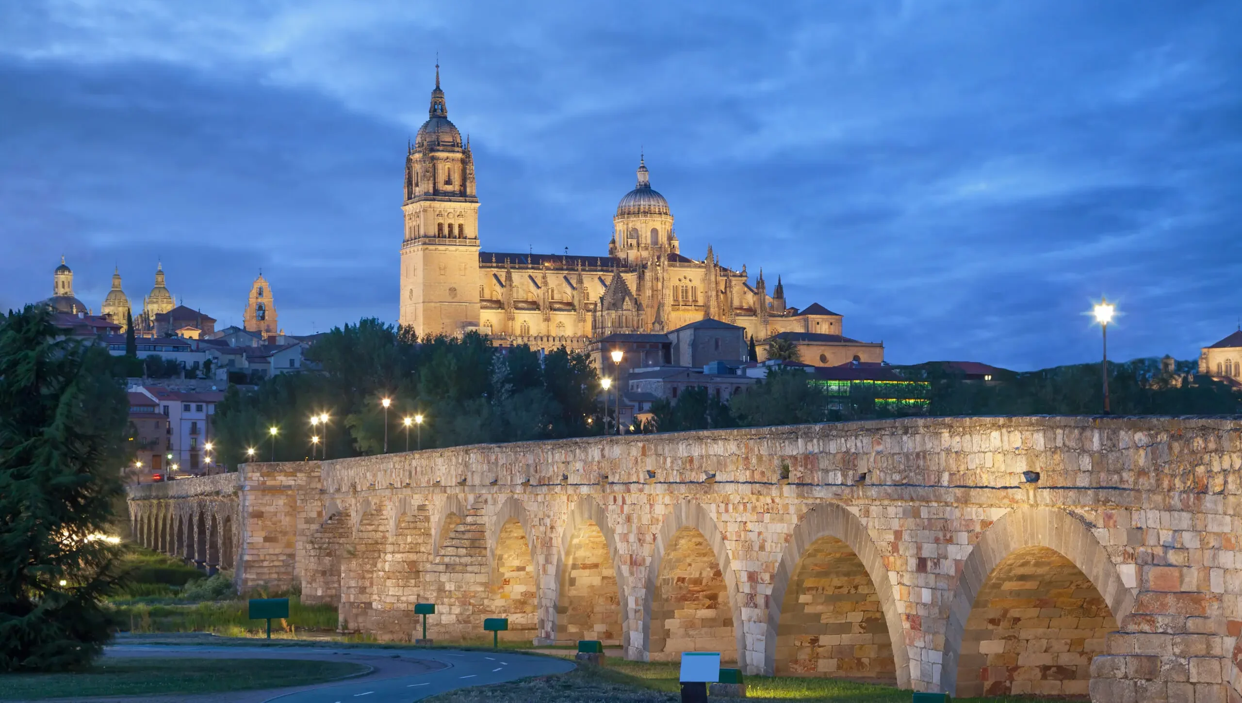 Puente romano de Salamanca en primer plano y catedrales iluminadas al anochecer