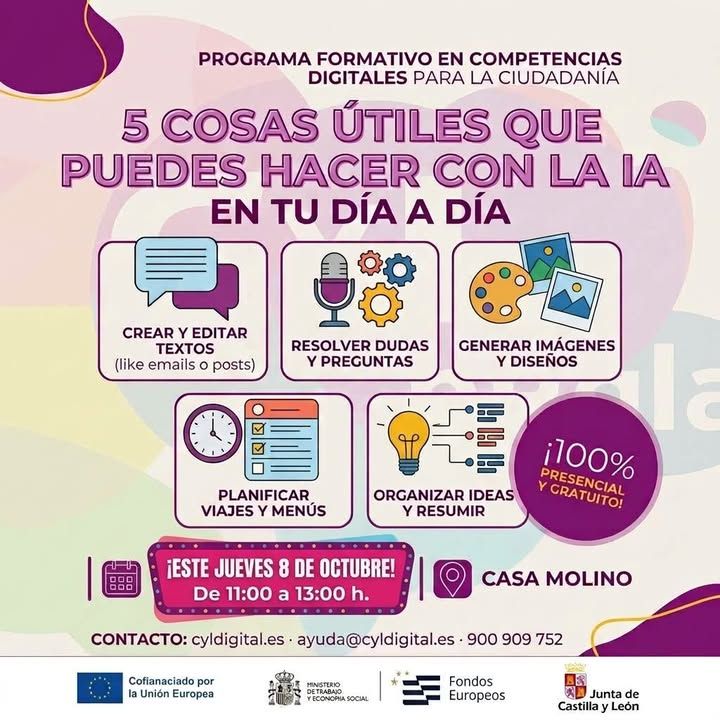 Cartel del taller gratuito sobre inteligencia artificial en la Casa Molino de Alba de Tormes