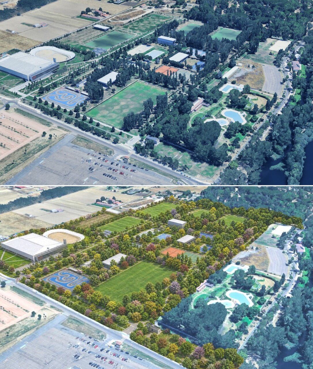 Composición aérea de una zona verde, con vista superior y arbolado visualizado en la inferior.
